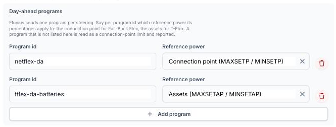 Voltmasters EMS: the day-ahead program list in the Fall-Back Flex settings, mapping each Fluvius program id onto its reference power