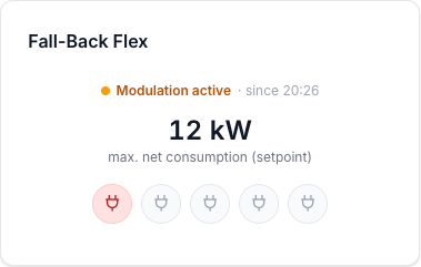 Voltmasters EMS: Fall-Back Flex tile on the EMS dashboard showing an active modulation and per-device icons