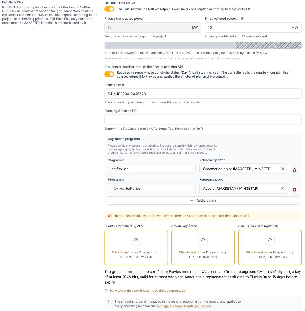 Voltmasters EMS: Fall-Back Flex section in the Fluvius DSO RTU settings, with P_base, P_red, the day-ahead planning toggle, the day-ahead programs and the certificate uploads